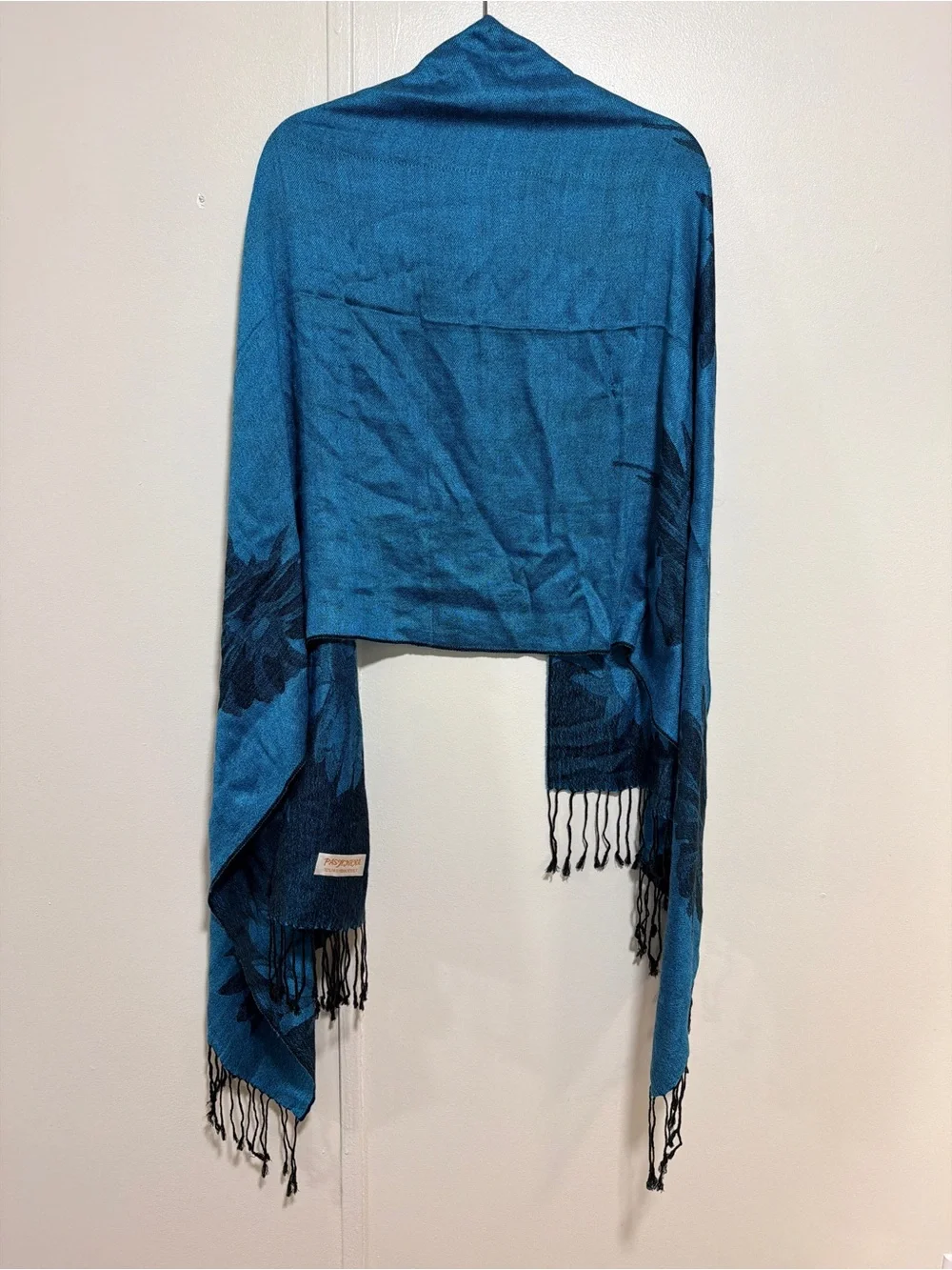 pashmina Teal Blue Jacquard Fringe Wrap